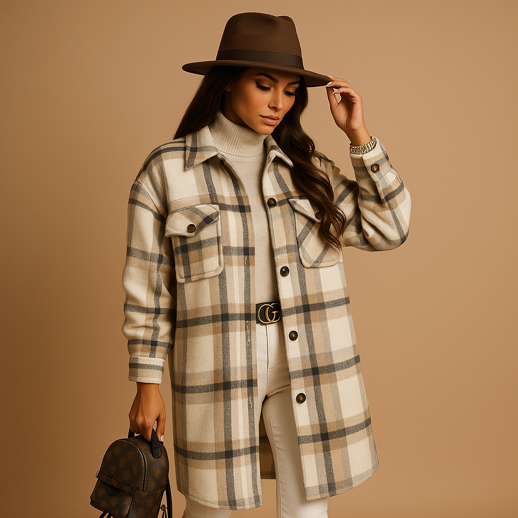 Long checkered coat for women with tailored fit and classic pattern, ideal for cool days and stylish outfits.