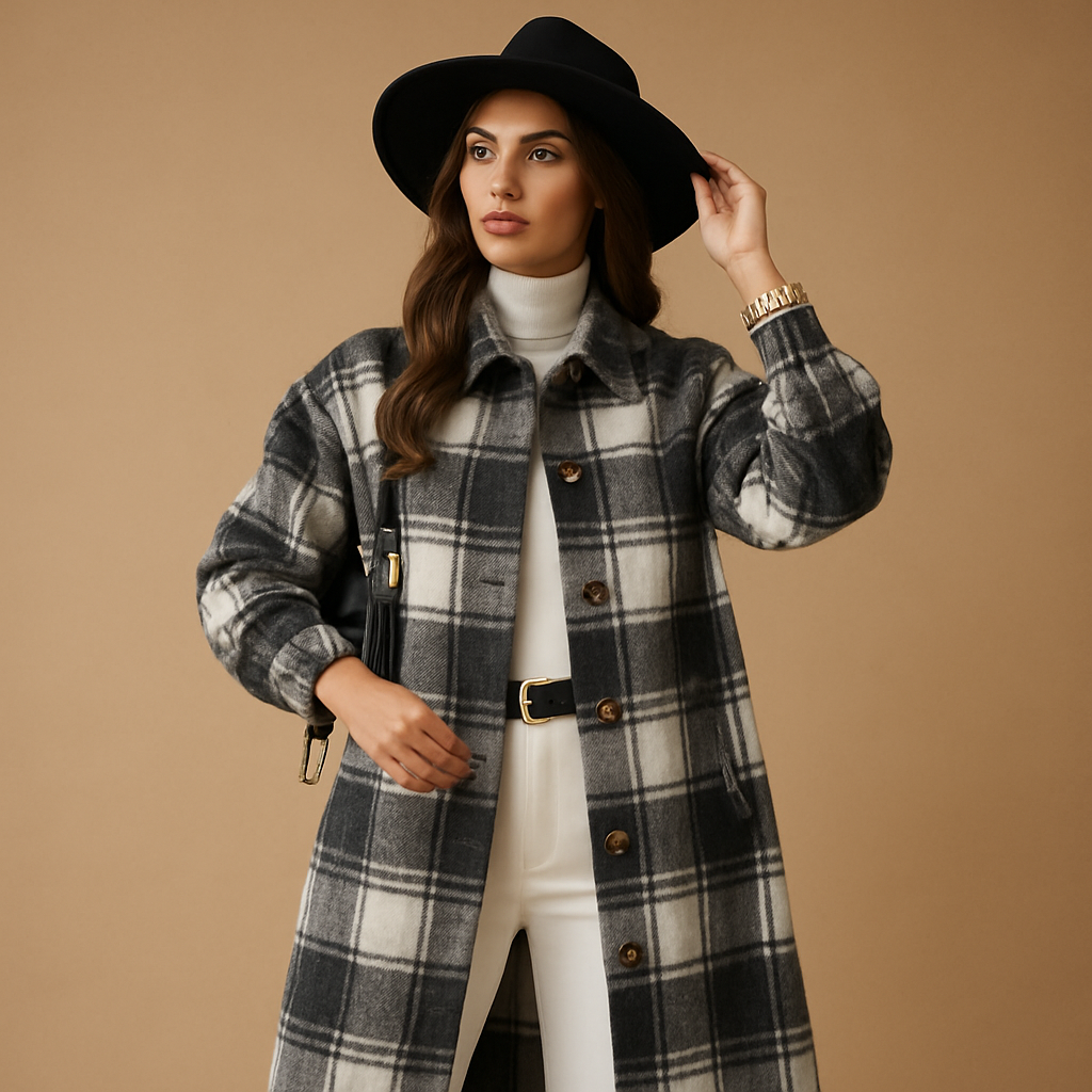Long checkered coat for women with tailored fit and classic pattern, ideal for cool days and stylish outfits.