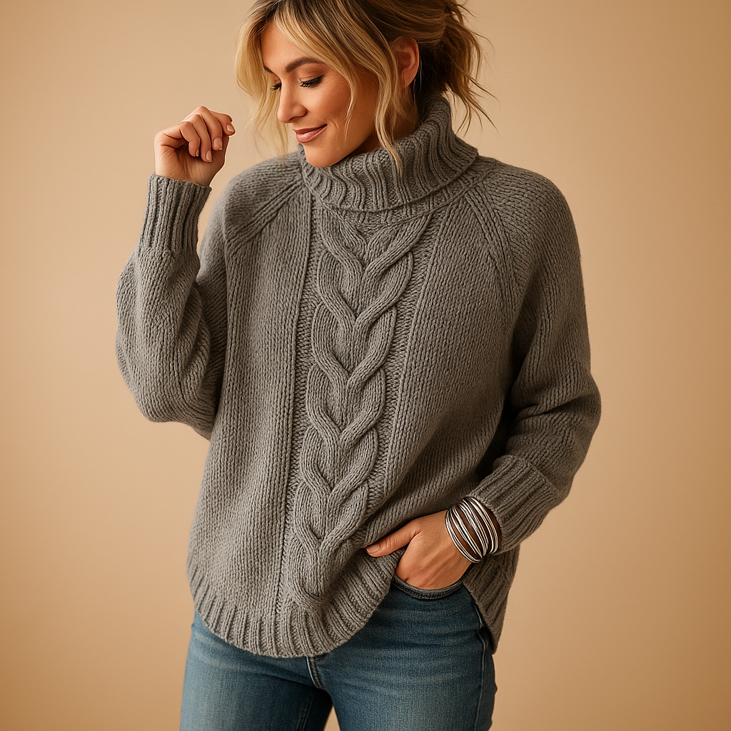 Long chunky knitted women’s sweater with relaxed fit, thick soft fabric, and rich texture, perfect for winter layering and cozy outfits.