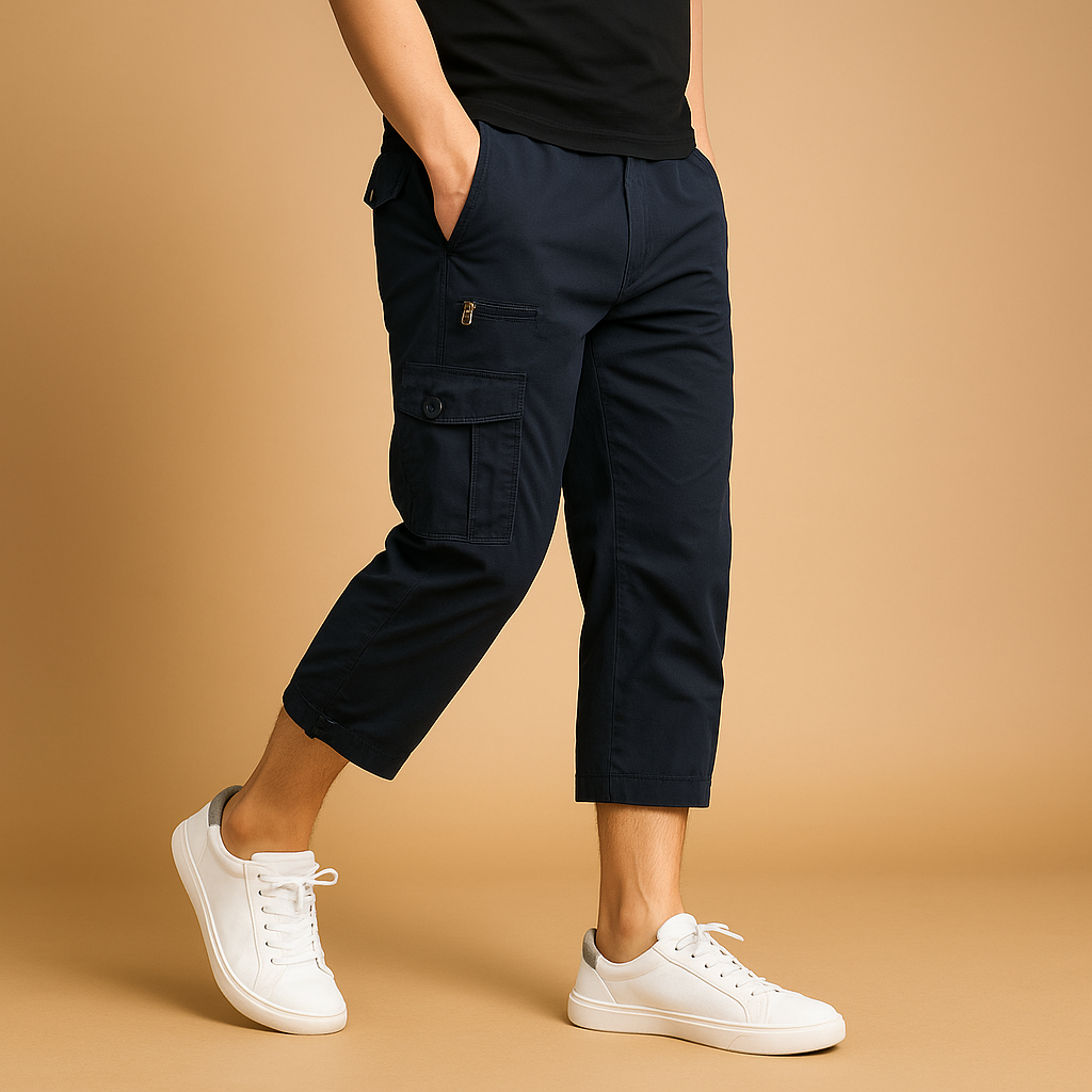 Men’s long cotton cargo shorts with a relaxed fit and multiple pockets, ideal for travel, outdoor activities, and casual summer outfits.