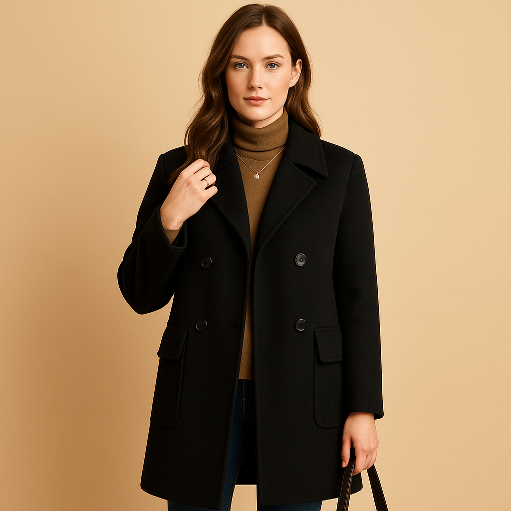 Elegant long women’s coat with soft premium fabric, relaxed feminine fit and minimalist timeless design.