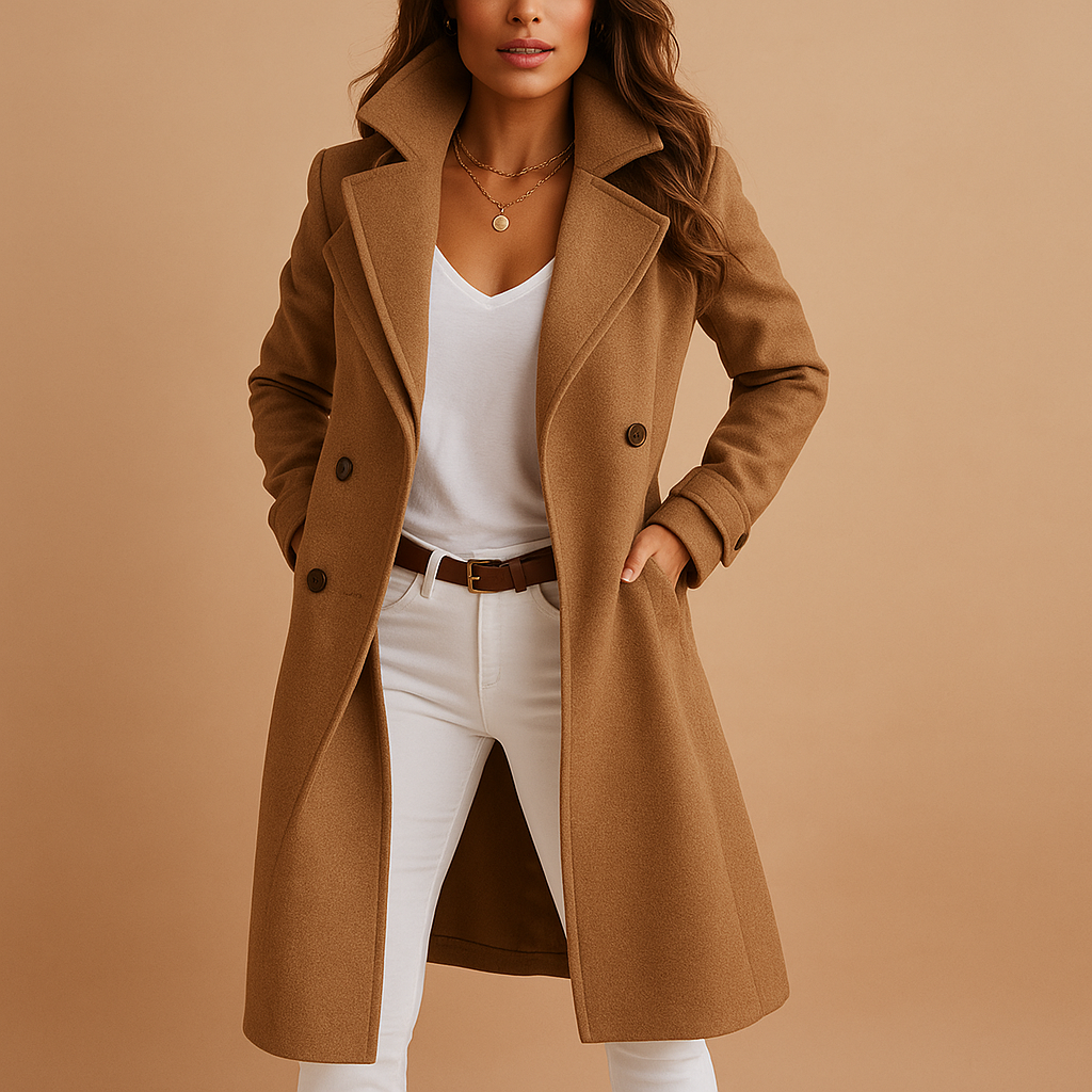 Women’s long elegant coat with buttons, classic collar, and tailored fit. Perfect for formal occasions and everyday wear.