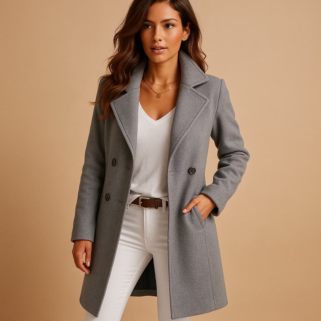 Women’s long elegant coat with buttons, classic collar, and tailored fit. Perfect for formal occasions and everyday wear.