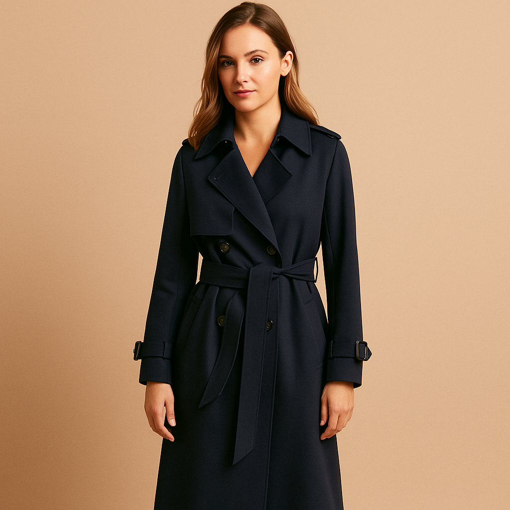 Women’s long elegant winter coat with double-breasted closure, tailored fit, and warm insulation, perfect for formal and casual winter looks.