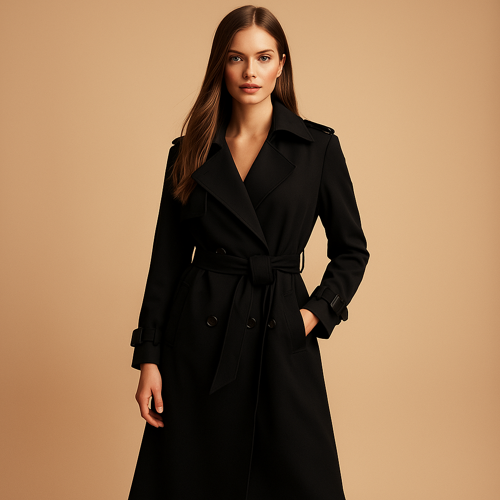 Women’s long elegant winter coat with double-breasted closure, tailored fit, and warm insulation, perfect for formal and casual winter looks.