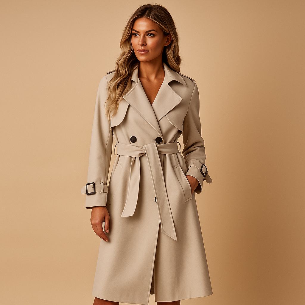 Women’s long elegant winter coat with double-breasted closure, tailored fit, and warm insulation, perfect for formal and casual winter looks.