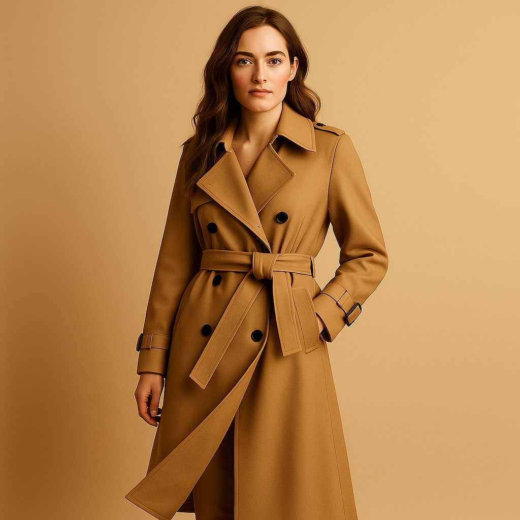 Women’s long elegant winter coat with double-breasted closure, tailored fit, and warm insulation, perfect for formal and casual winter looks.