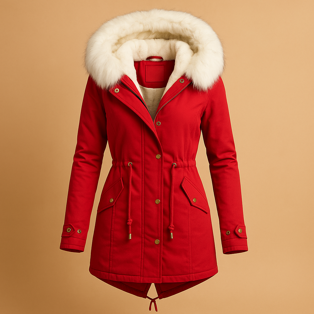 Long women’s winter coat with faux fur hood, insulated lining and waterproof design for stylish warmth in cold weather.