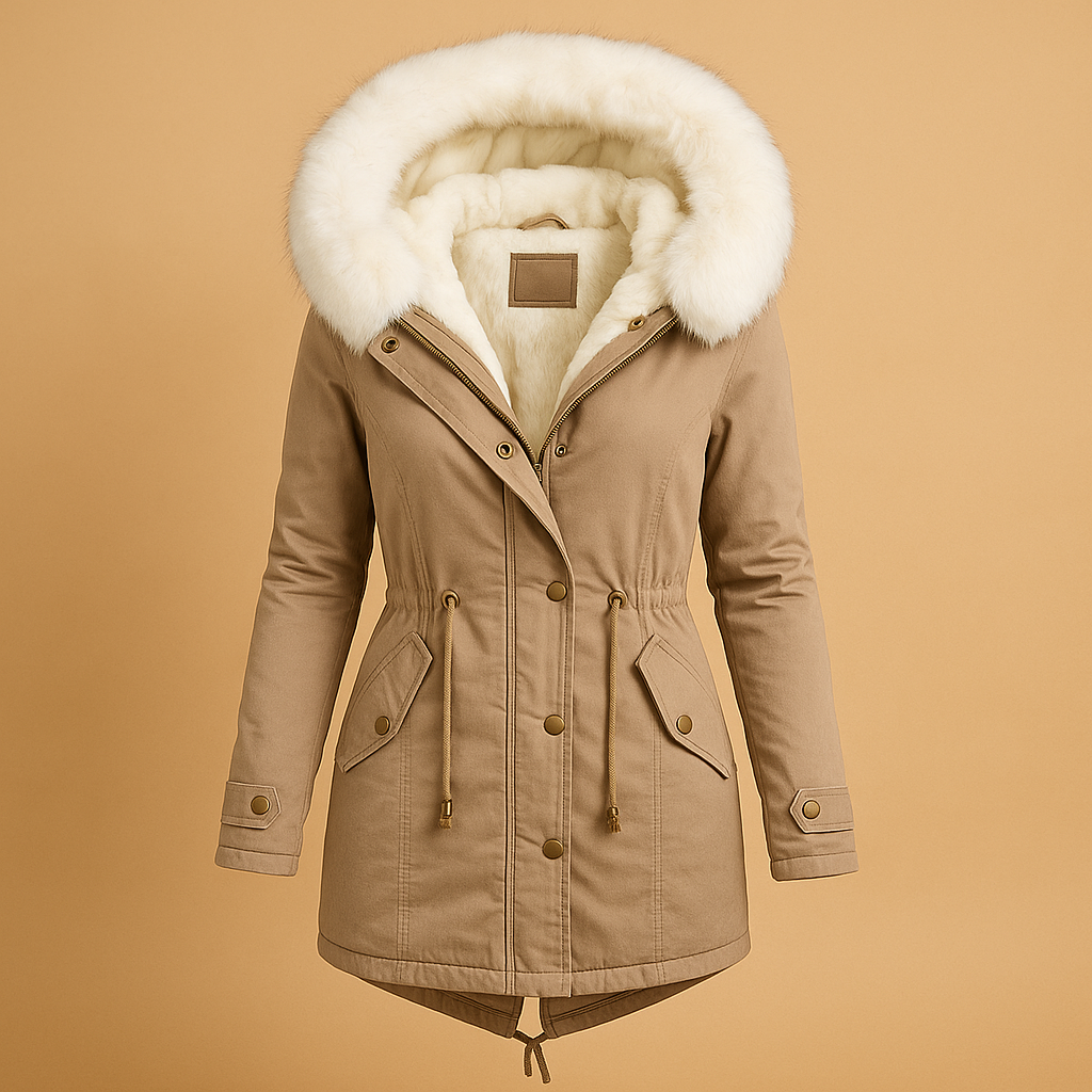 Long women’s winter coat with faux fur hood, insulated lining and waterproof design for stylish warmth in cold weather.