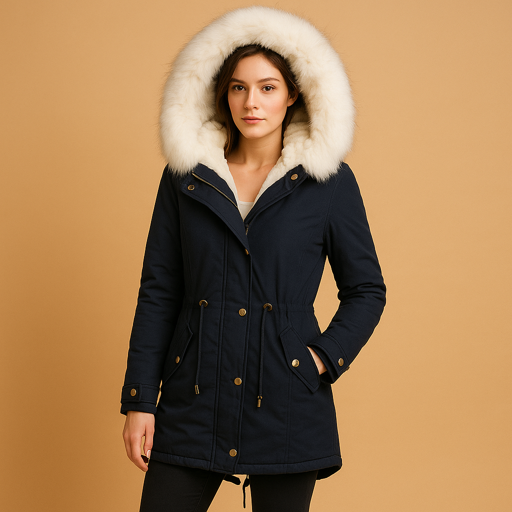 Long women’s winter coat with faux fur hood, insulated lining and waterproof design for stylish warmth in cold weather.