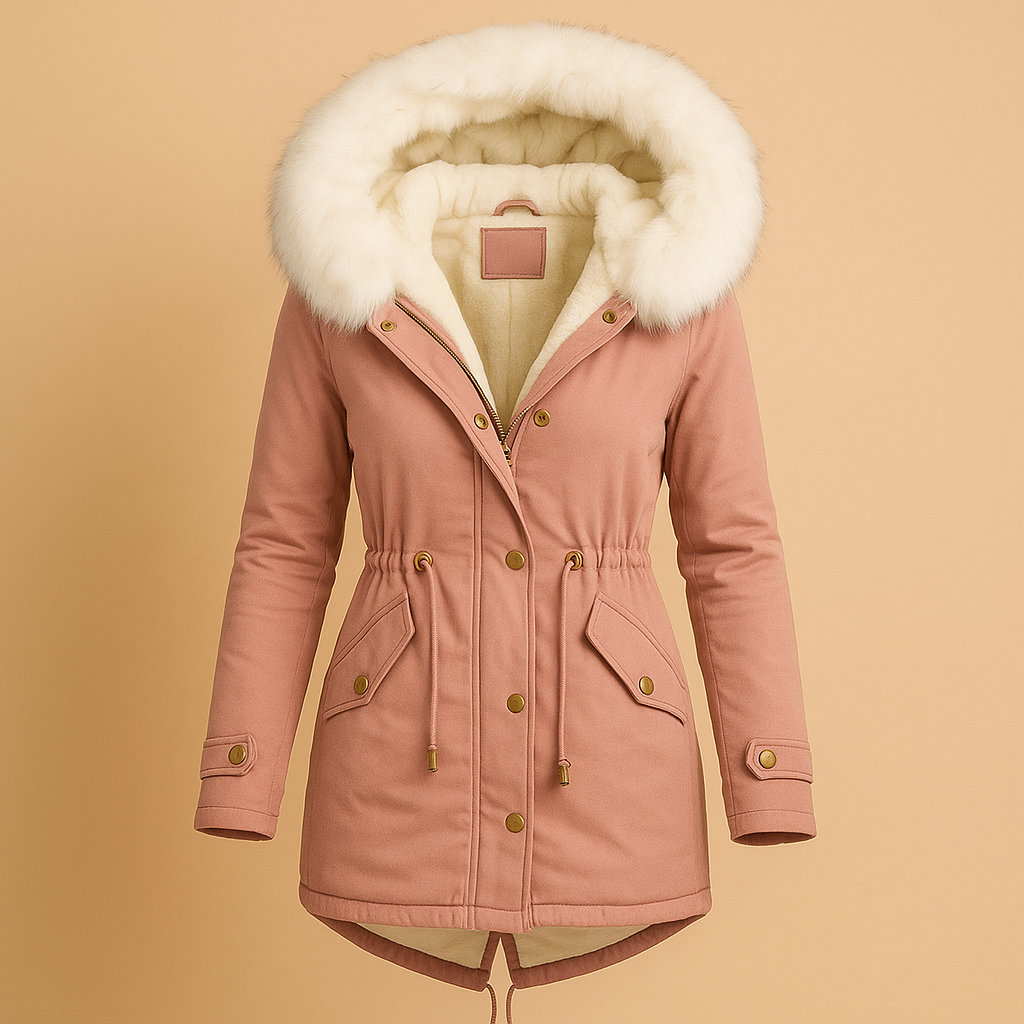 Long women’s winter coat with faux fur hood, insulated lining and waterproof design for stylish warmth in cold weather.