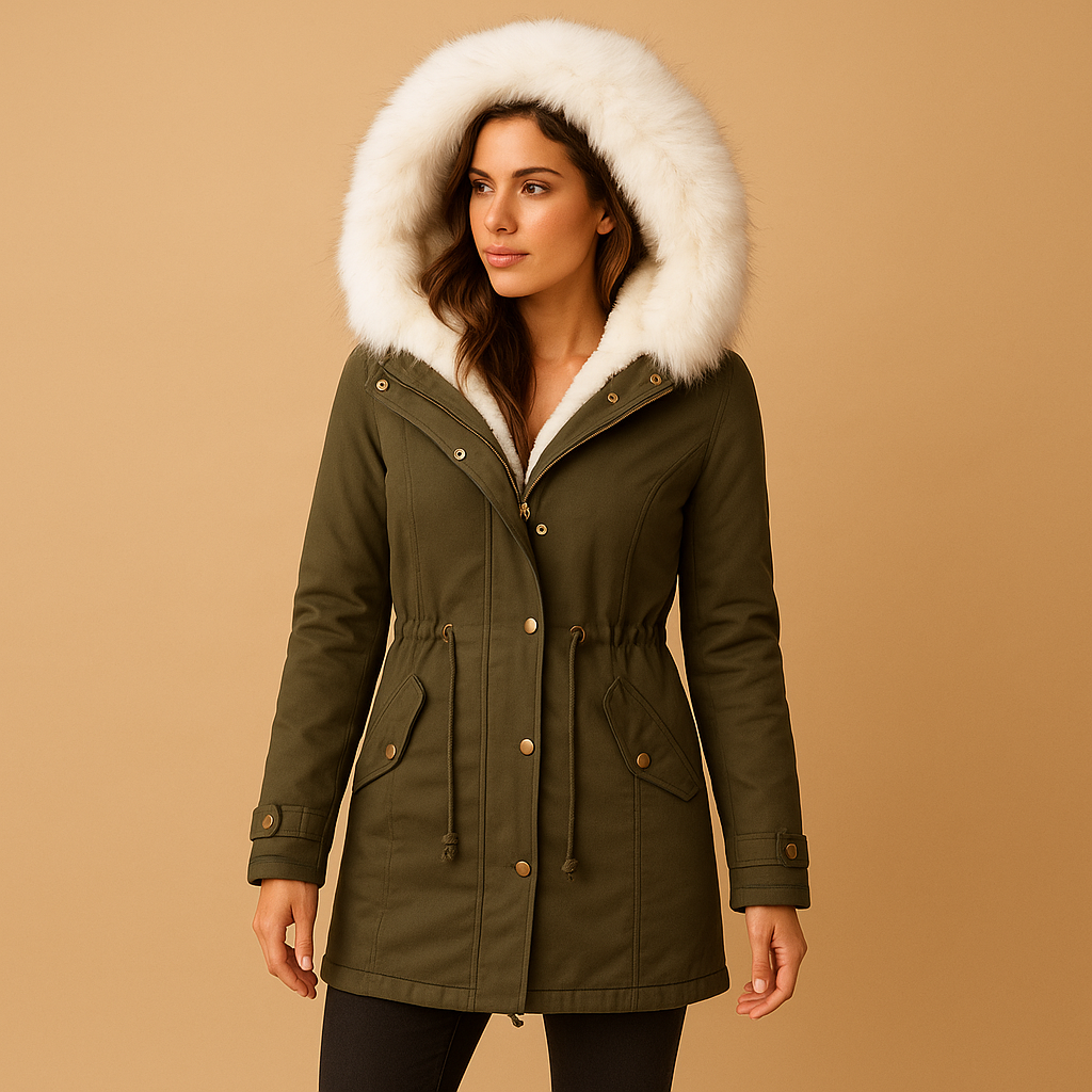 Long women’s winter coat with faux fur hood, insulated lining and waterproof design for stylish warmth in cold weather.