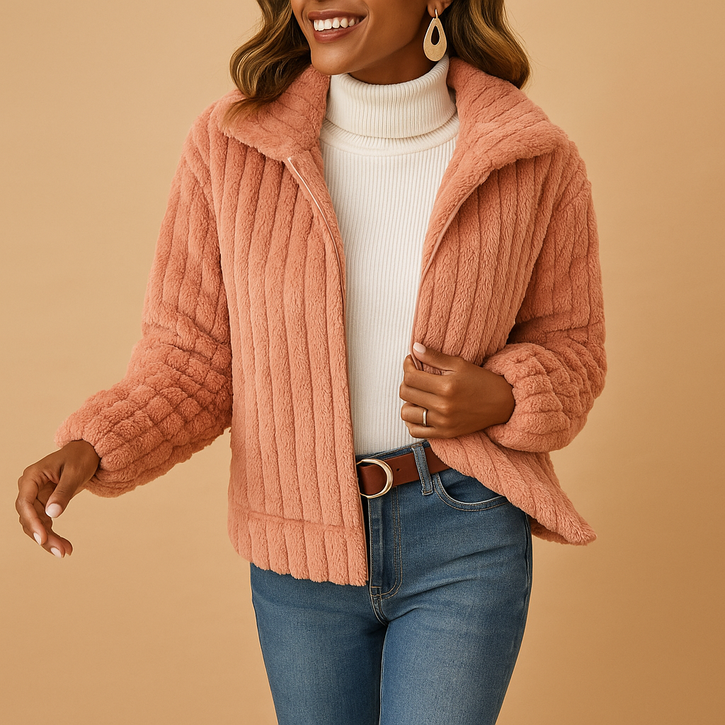 Women’s long fleece jacket with stand collar, soft fabric, side pockets, available in beige, grey, black, and blue for casual or layered outfits.