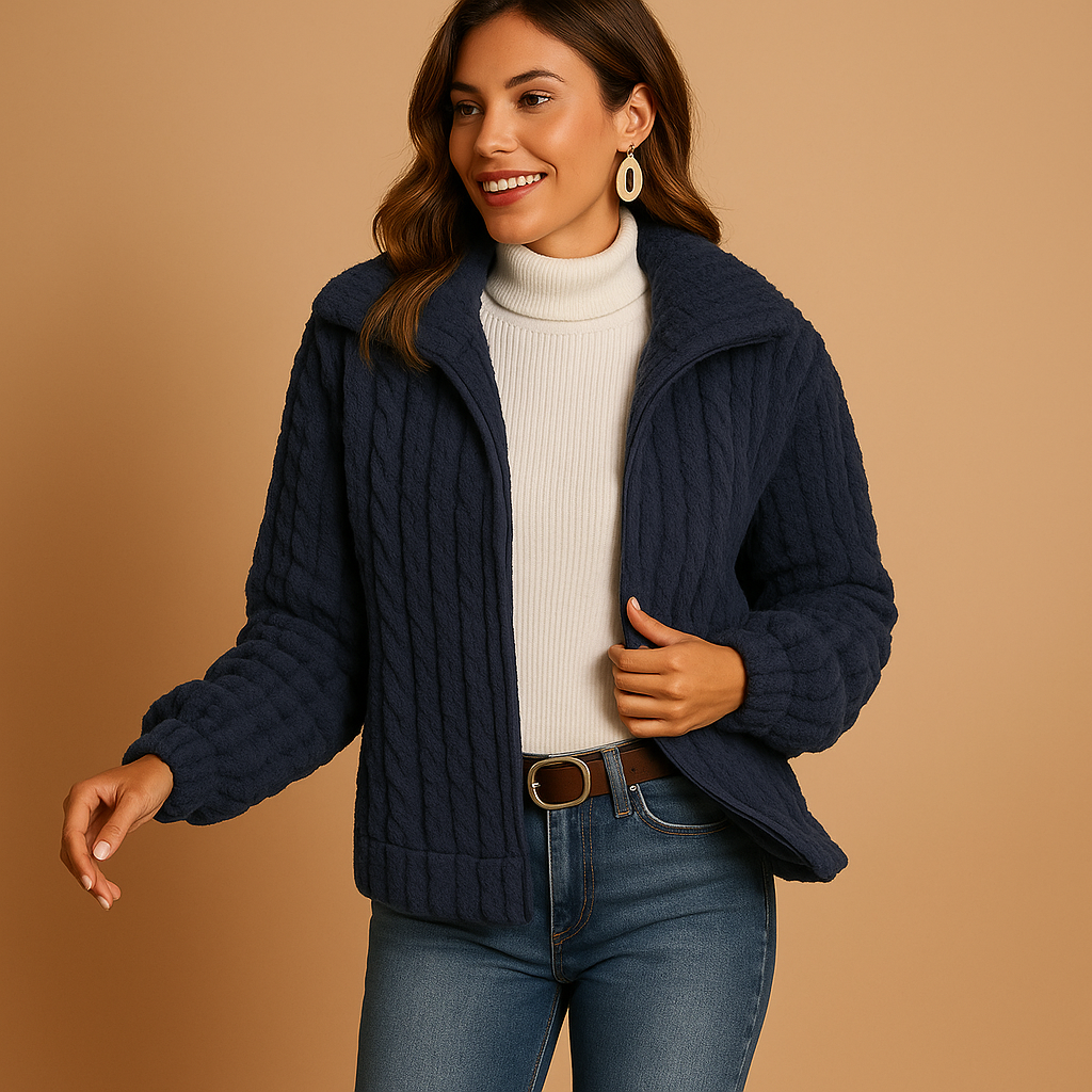 Women’s long fleece jacket with stand collar, soft fabric, side pockets, available in beige, grey, black, and blue for casual or layered outfits.