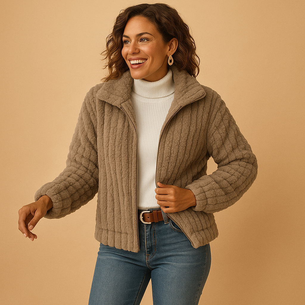 Women’s long fleece jacket with stand collar, soft fabric, side pockets, available in beige, grey, black, and blue for casual or layered outfits.