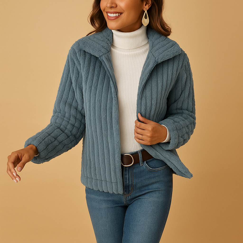 Women’s long fleece jacket with stand collar, soft fabric, side pockets, available in beige, grey, black, and blue for casual or layered outfits.