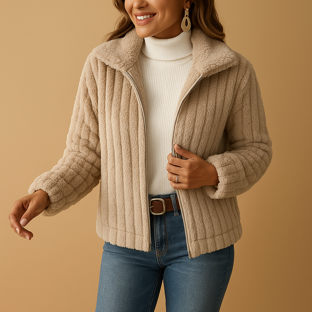 Women’s long fleece jacket with stand collar, soft fabric, side pockets, available in beige, grey, black, and blue for casual or layered outfits.