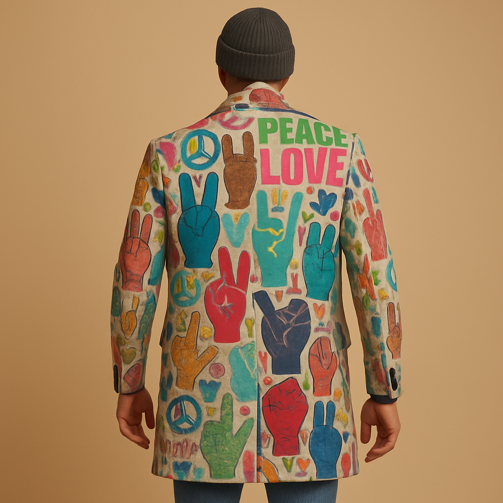 Men’s long graphic coat with modern design and extended fit, offering comfort, protection, and a bold contemporary style.