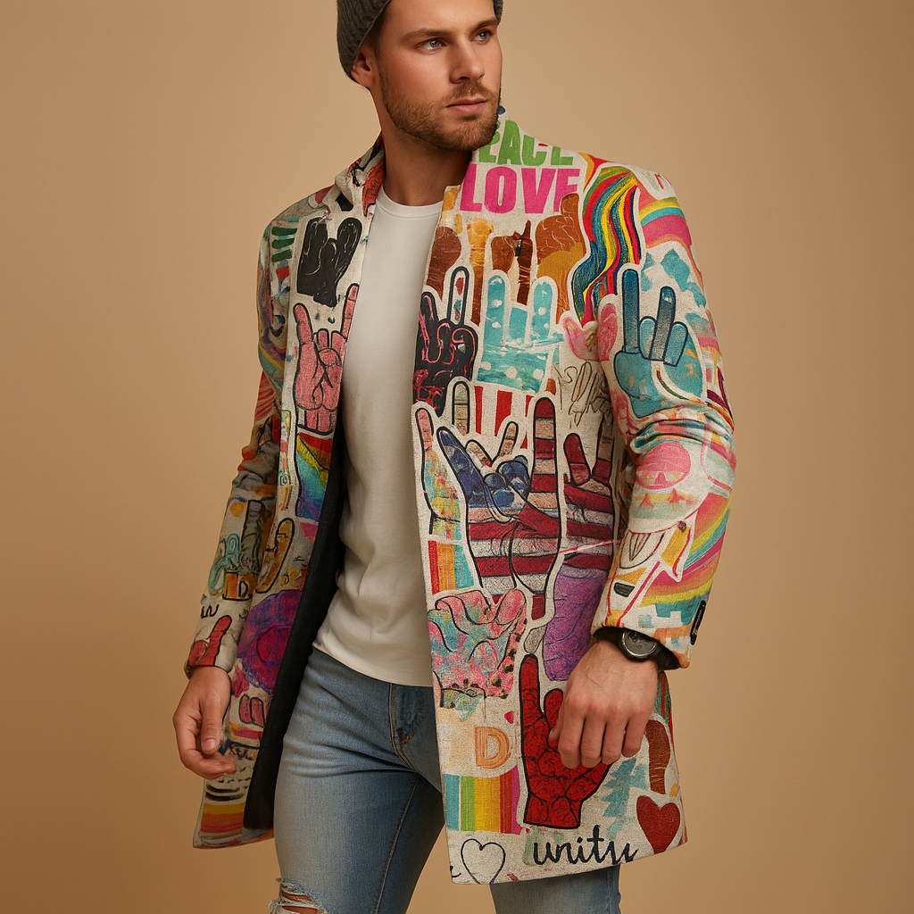 Men’s long graphic coat with modern design and extended fit, offering comfort, protection, and a bold contemporary style.