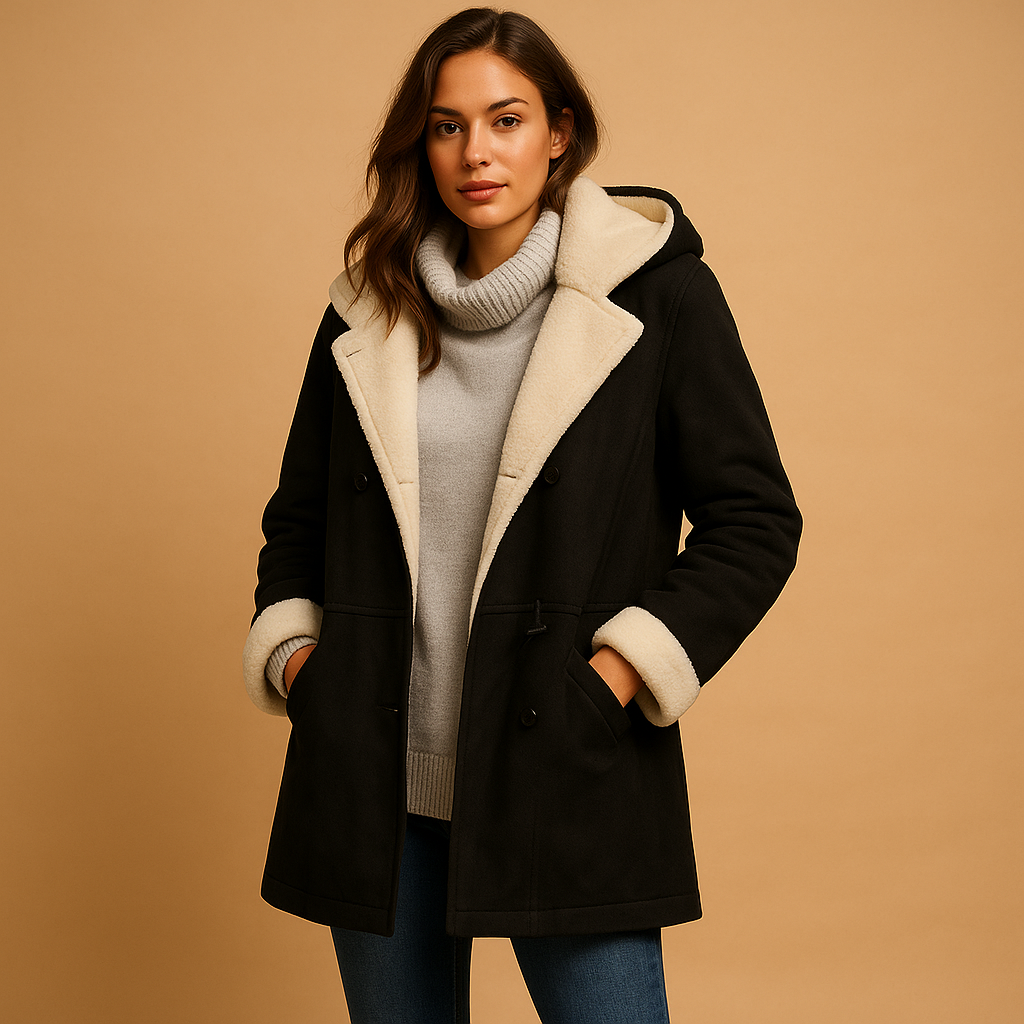 Long winter coat for women with hood, insulating fabric, and modern fit, ideal for stylish cold-weather outfits.