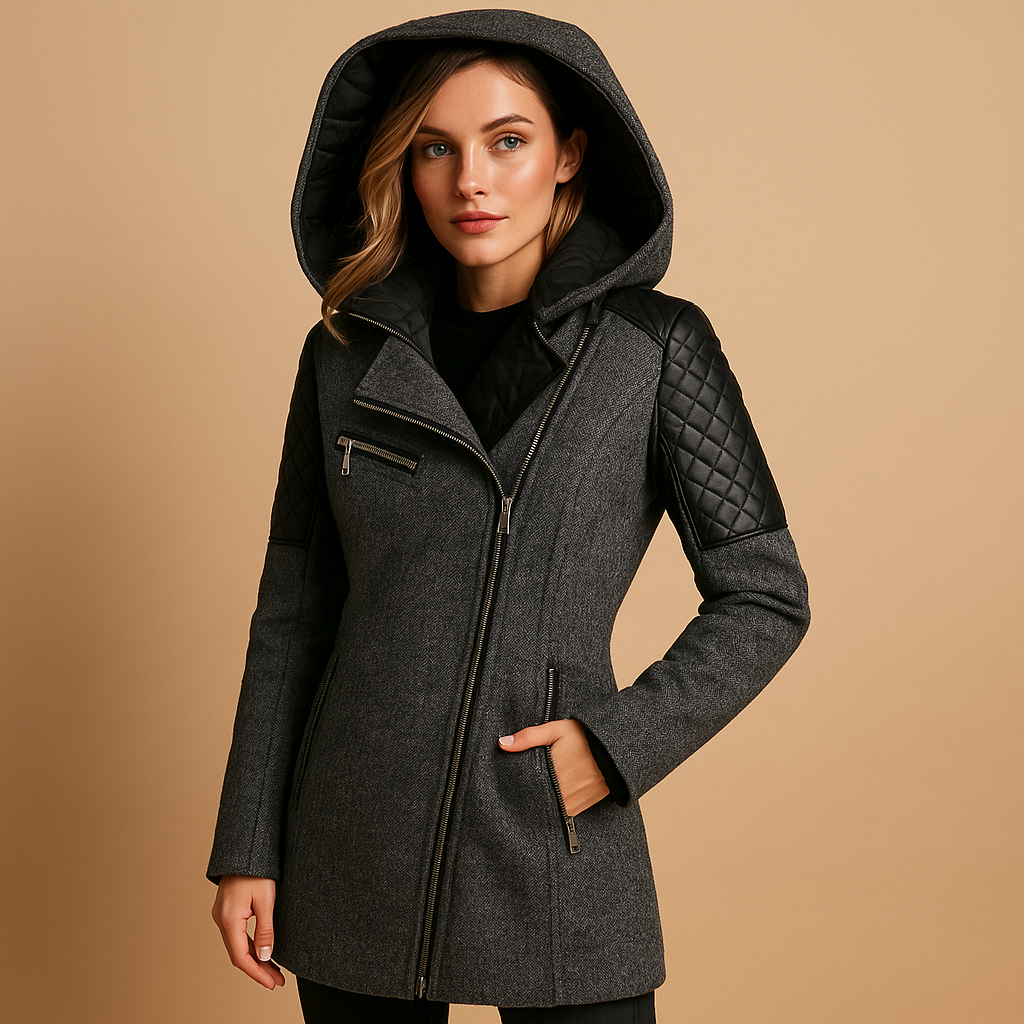 Long insulated winter coat for women with hood and modern fit, designed for warmth and elegant winter styling.
