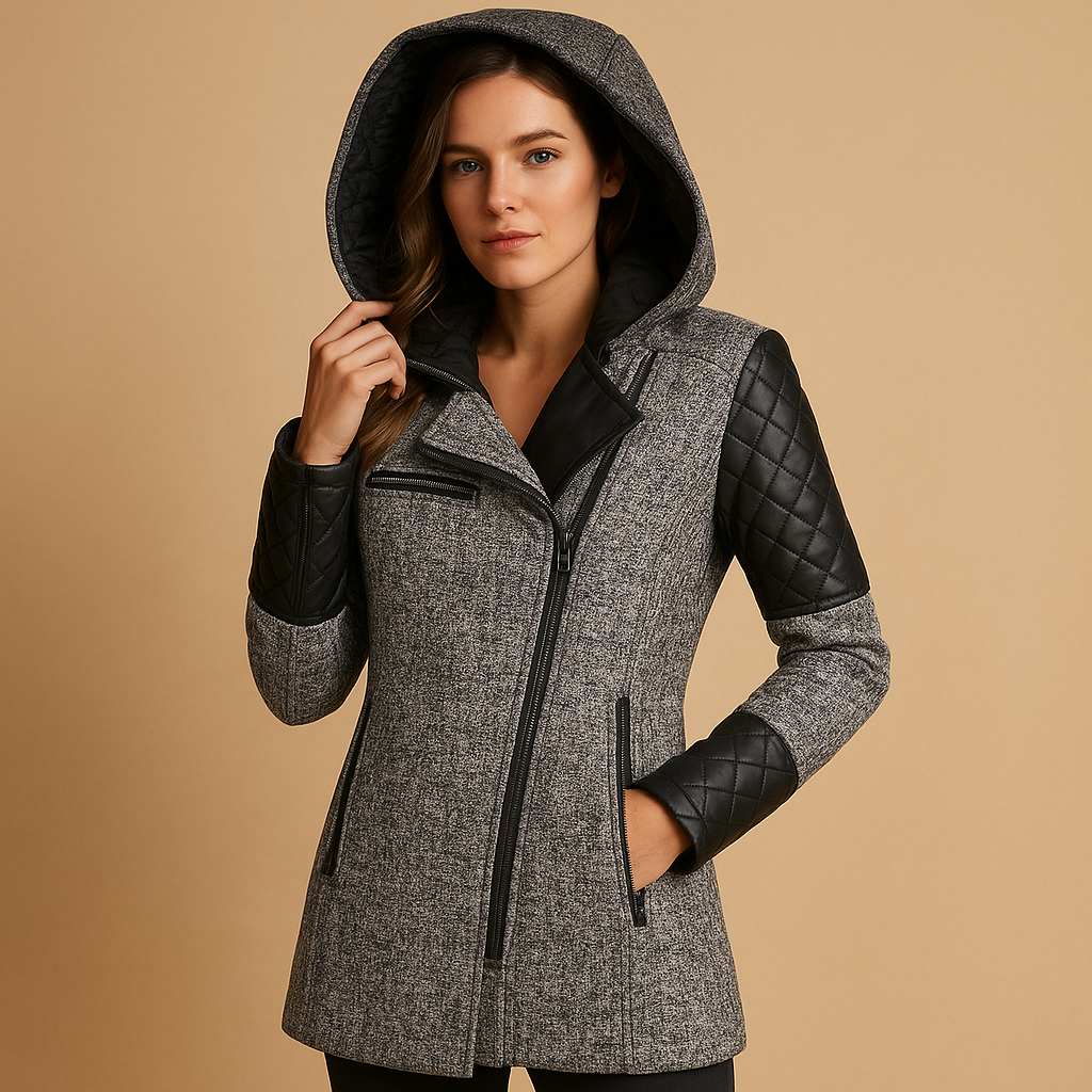 Long insulated winter coat for women with hood and modern fit, designed for warmth and elegant winter styling.