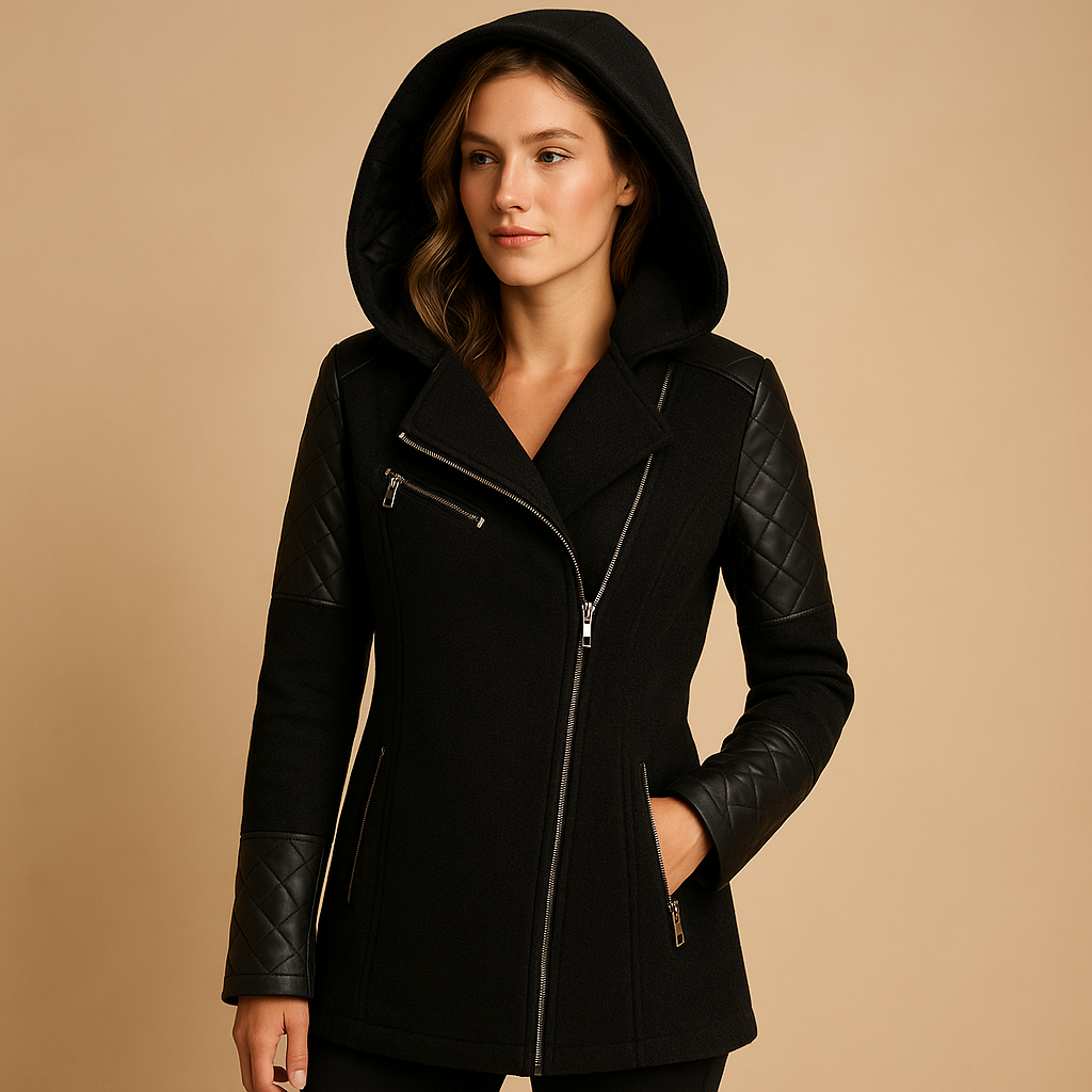 Long insulated winter coat for women with hood and modern fit, designed for warmth and elegant winter styling.