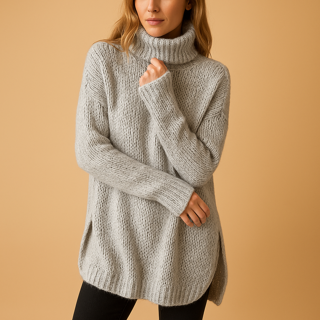 Women’s long knitted sweater with carbon-inspired print, relaxed fit, and soft breathable fabric. Ideal for casual wear and cozy winter days.
