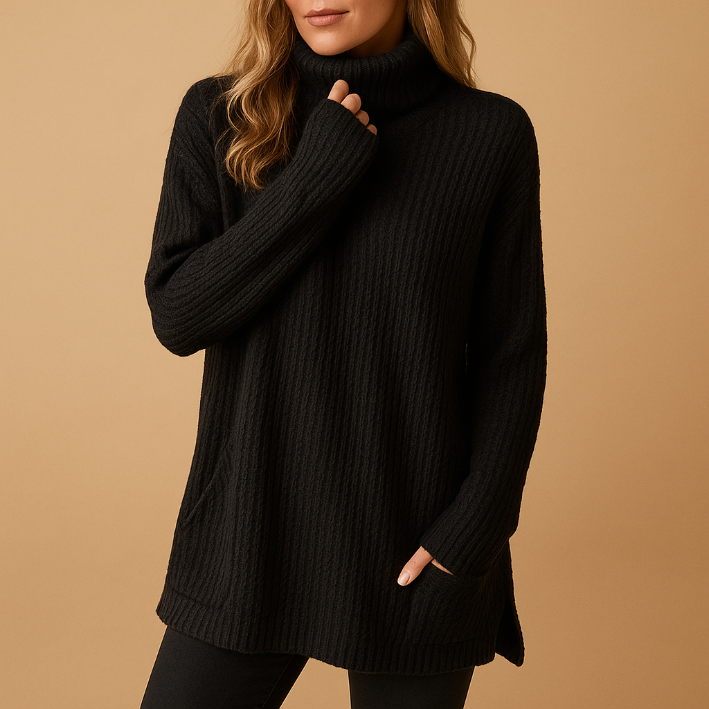 Women’s long knitted sweater with carbon-inspired print, relaxed fit, and soft breathable fabric. Ideal for casual wear and cozy winter days.