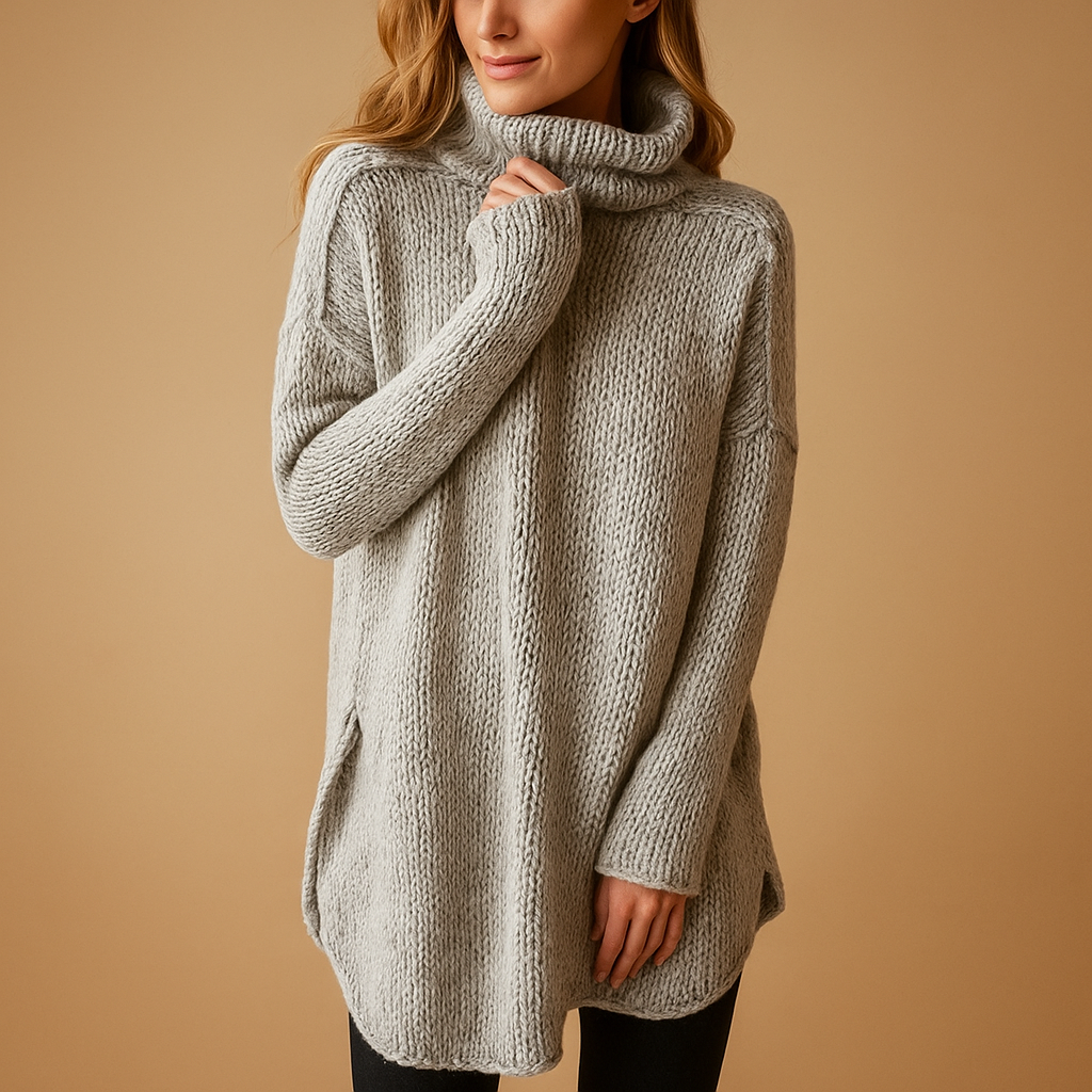 Long printed women’s sweater with classic neckline and comfortable fit, perfect for cozy days and stylish winter outfits.