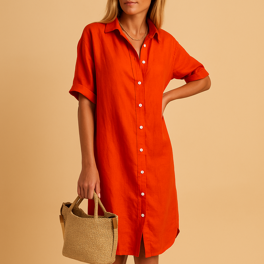 Women’s long shirt dress with short sleeves, available in black, green, blue, and red. Lightweight, versatile, and perfect for summer occasions.