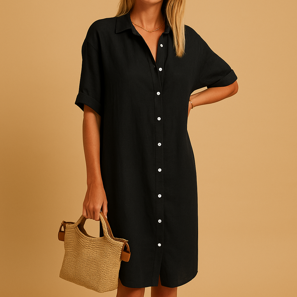 Women’s long shirt dress with short sleeves, available in black, green, blue, and red. Lightweight, versatile, and perfect for summer occasions.