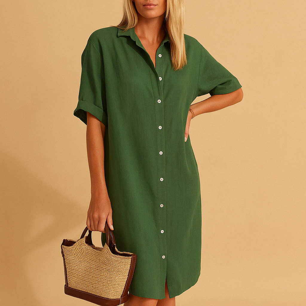 Women’s long shirt dress with short sleeves, available in black, green, blue, and red. Lightweight, versatile, and perfect for summer occasions.