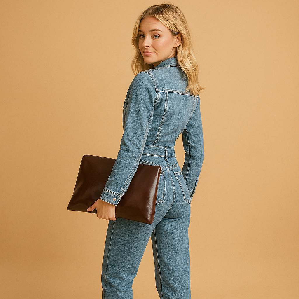 Women’s denim jumpsuit with straight-leg silhouette and long sleeves, perfect for casual wear and effortless everyday style.