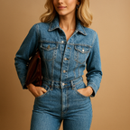Women’s denim jumpsuit with straight-leg silhouette and long sleeves, perfect for casual wear and effortless everyday style.