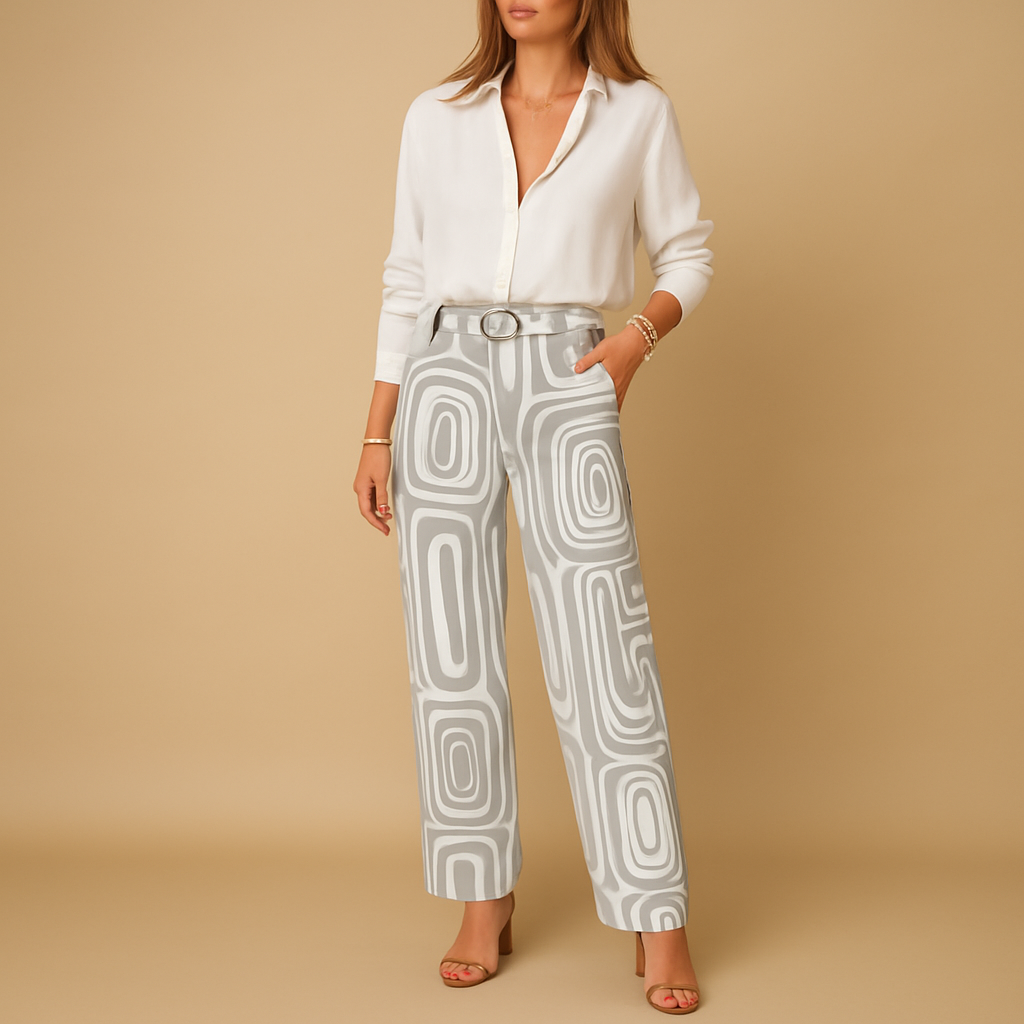 Elegant two-piece set for women featuring a long-sleeve blouse and straight-leg pants, perfect for work, casual outings, or evenings out.