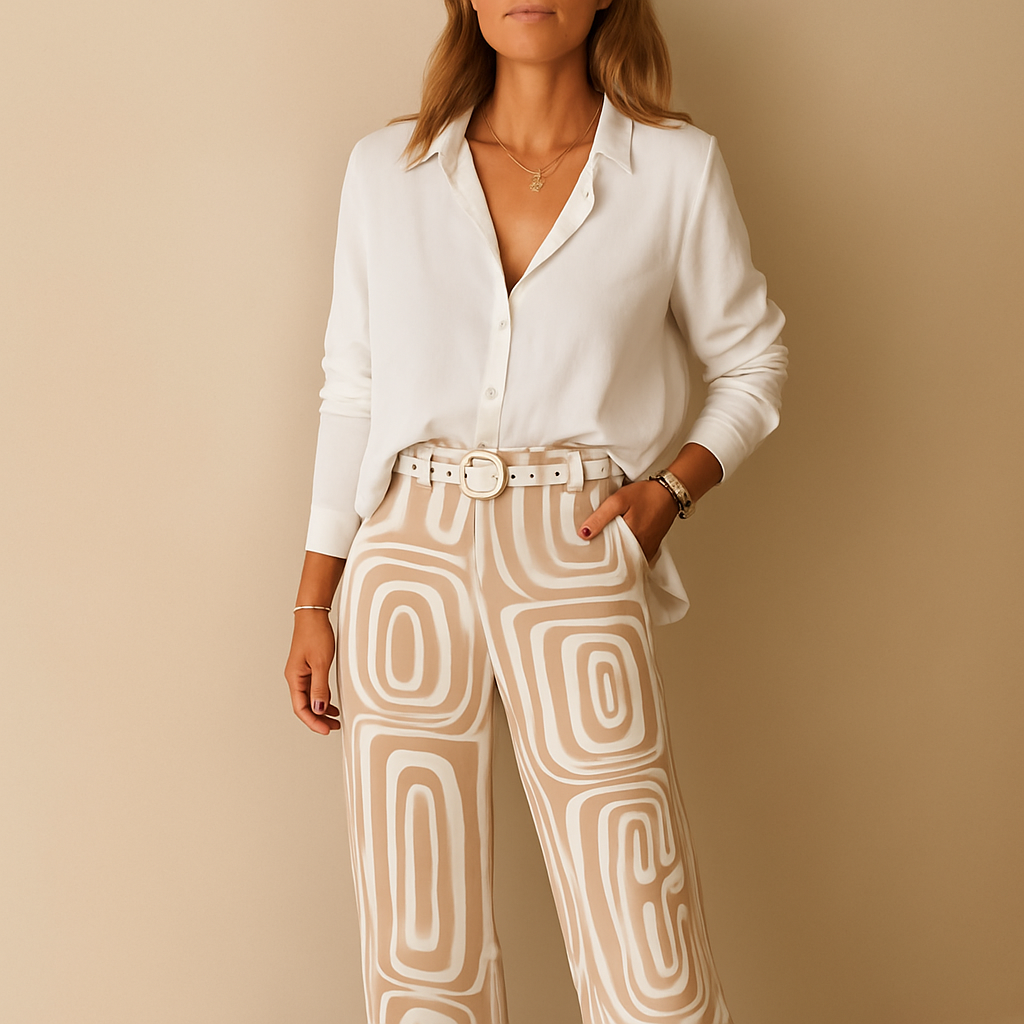 Elegant two-piece set for women featuring a long-sleeve blouse and straight-leg pants, perfect for work, casual outings, or evenings out.
