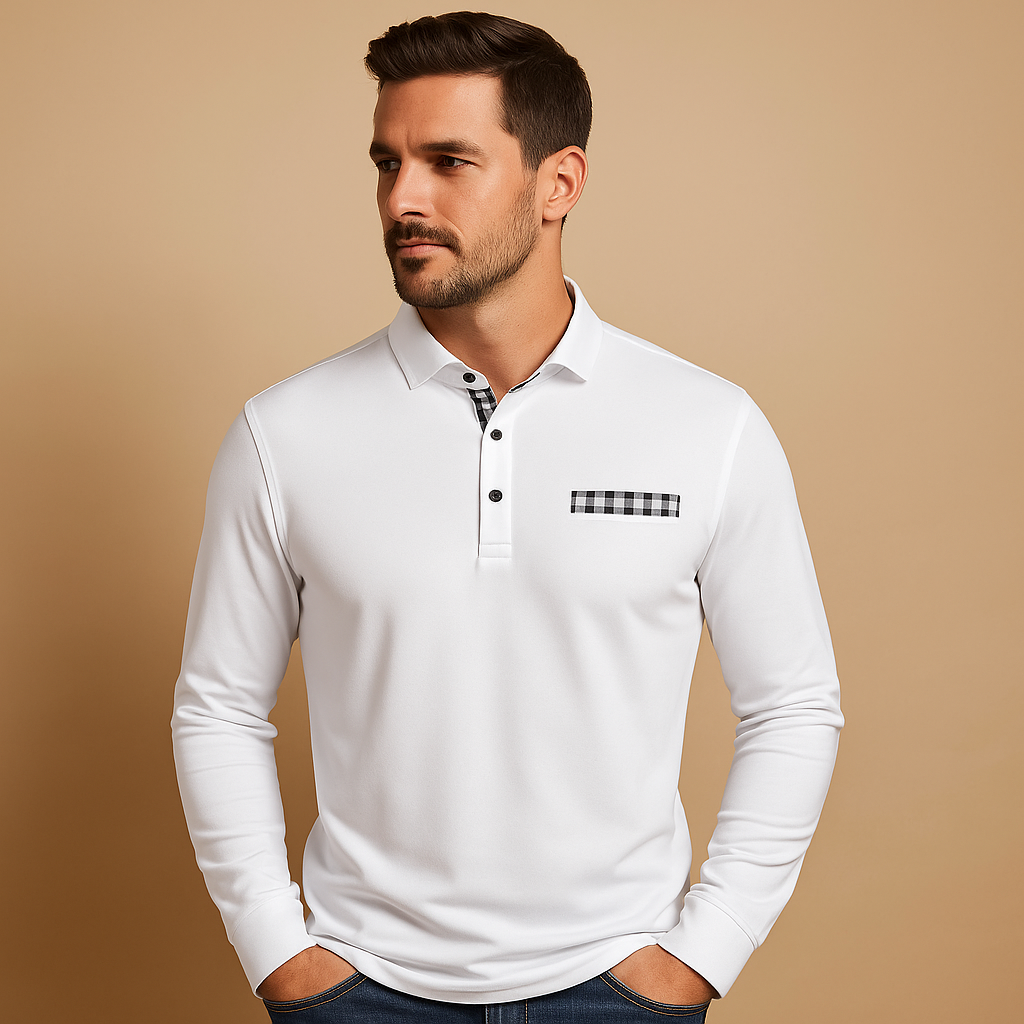 Men’s long sleeve polo shirt with a classic collar and button closure, available in multiple colors, perfect for casual or business wear.