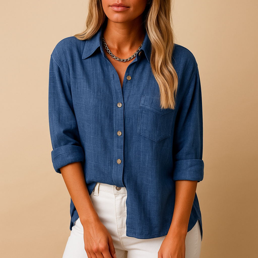 Long sleeve shirt blouse for women with a relaxed fit, chest pockets, and classic collar, perfect for work, leisure, and daily wear.