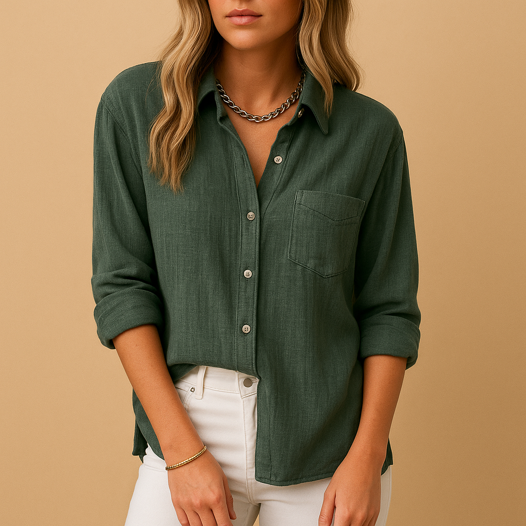 Long sleeve shirt blouse for women with a relaxed fit, chest pockets, and classic collar, perfect for work, leisure, and daily wear.