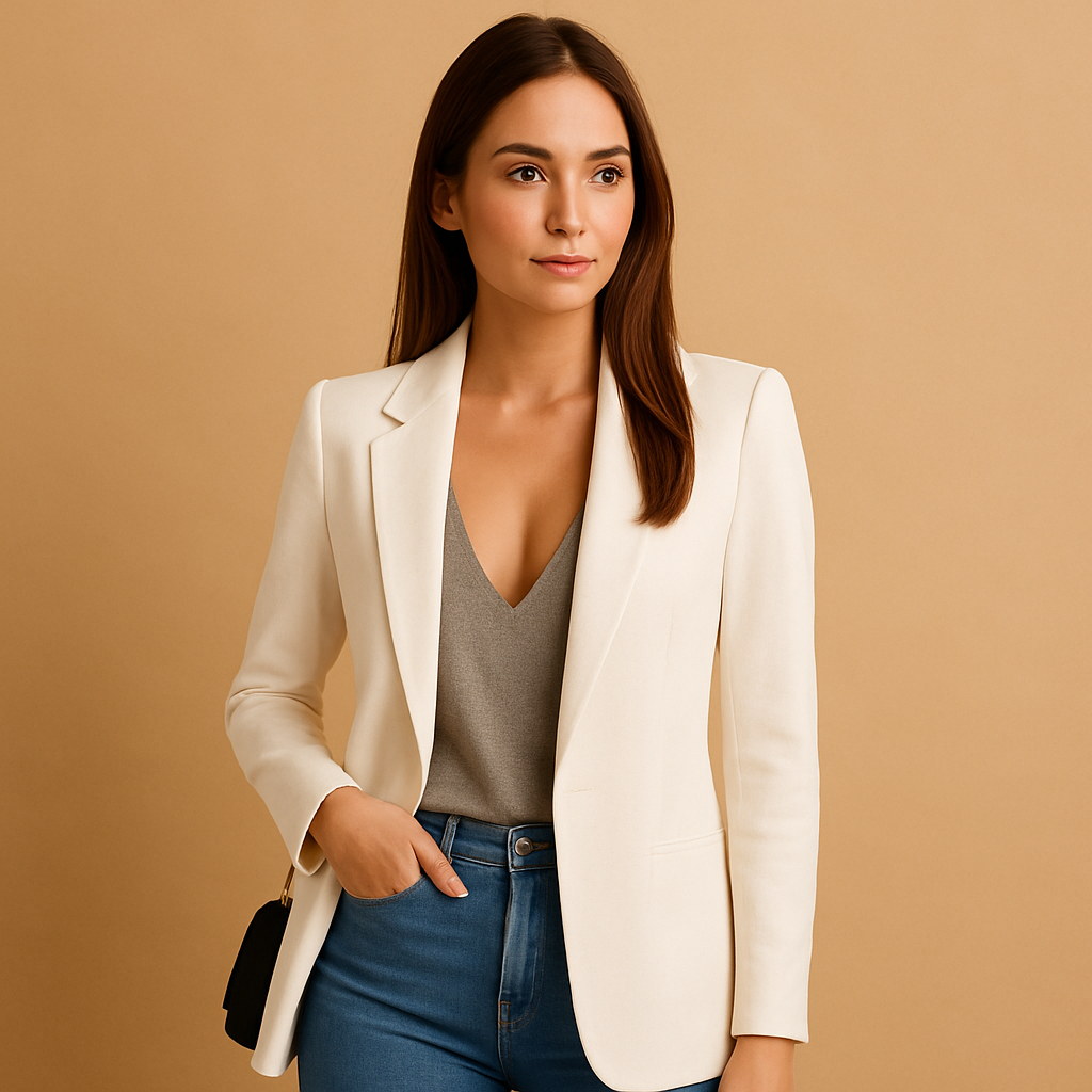 Long tailored blazer for women with a slim silhouette and elegant length, suitable for office wear, formal events, and stylish casual outfits.