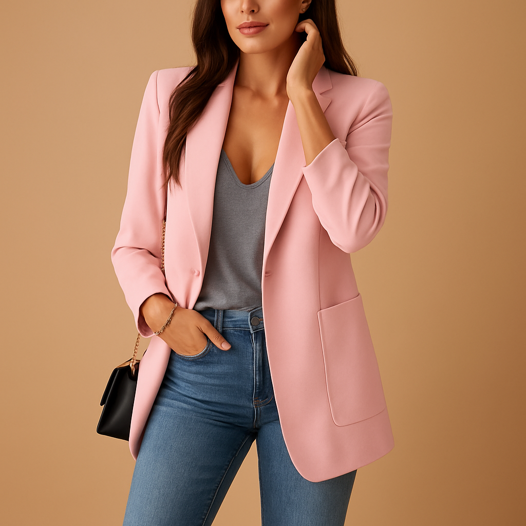 Long tailored blazer for women with a slim silhouette and elegant length, suitable for office wear, formal events, and stylish casual outfits.