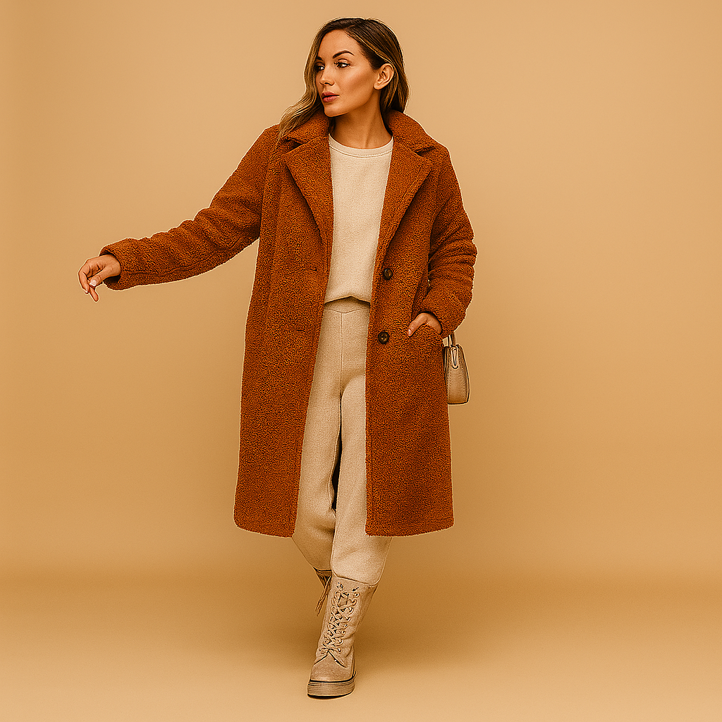 Long beige teddy coat for women with modern cut, ultra-soft fabric, and elegant style—ideal for winter warmth and versatile outfits.