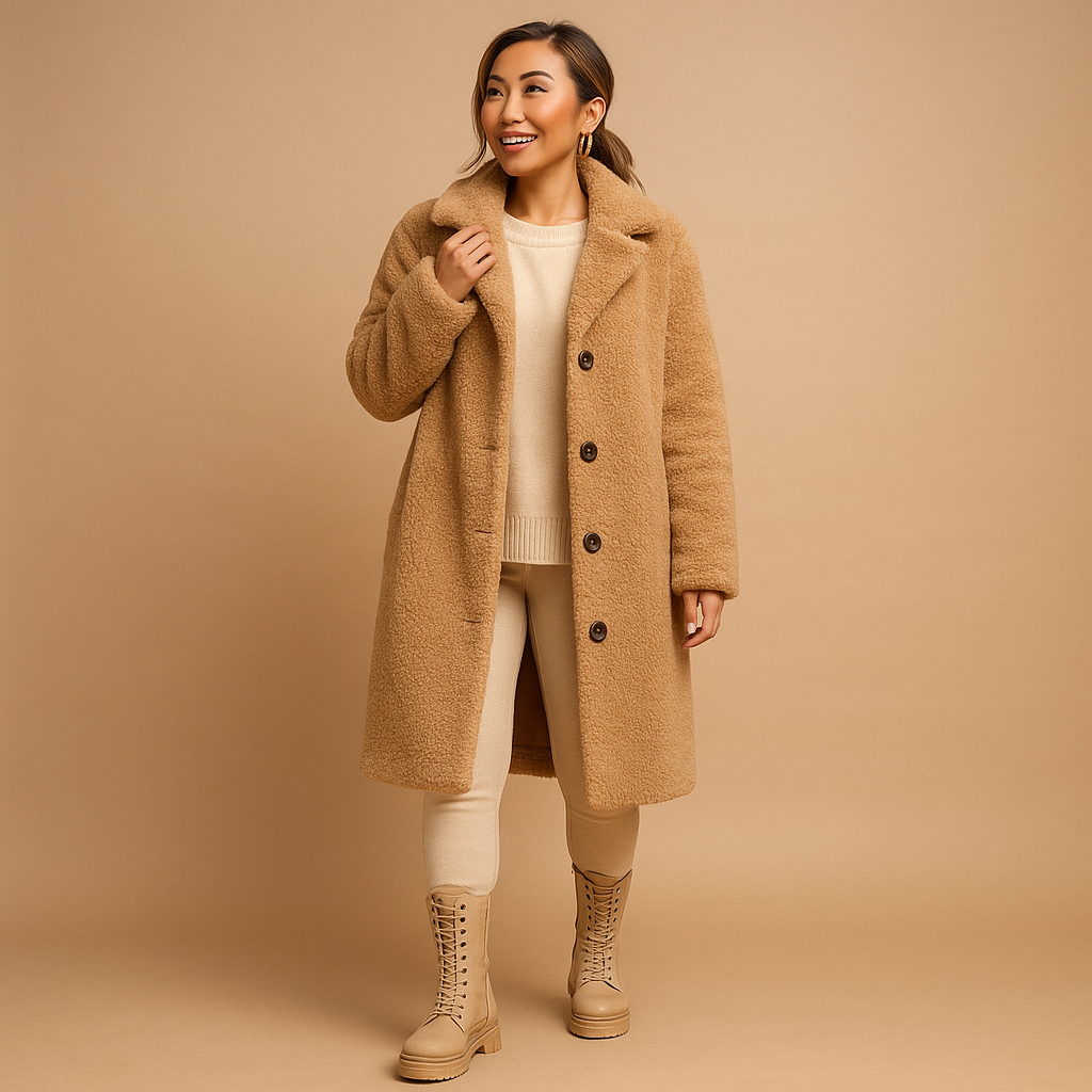 Long beige teddy coat for women with modern cut, ultra-soft fabric, and elegant style—ideal for winter warmth and versatile outfits.