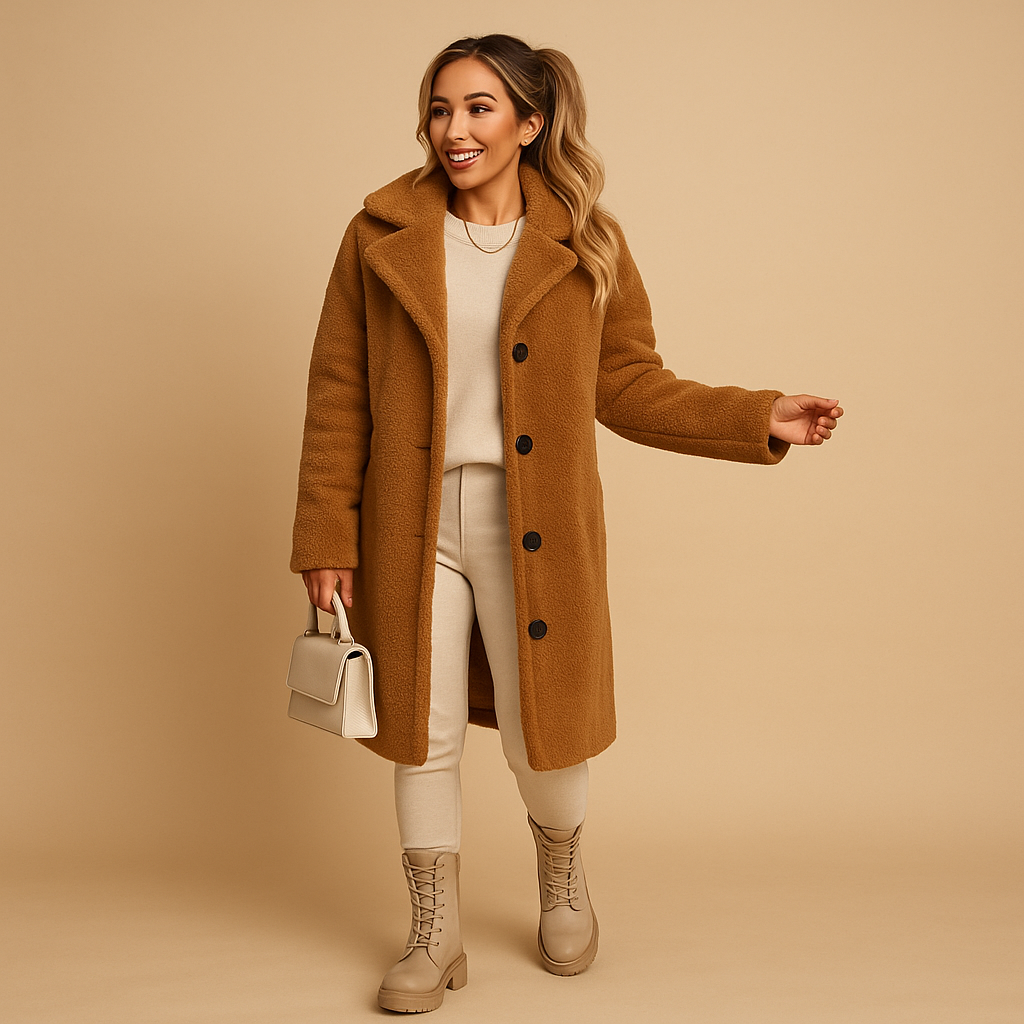 Long beige teddy coat for women with modern cut, ultra-soft fabric, and elegant style—ideal for winter warmth and versatile outfits.