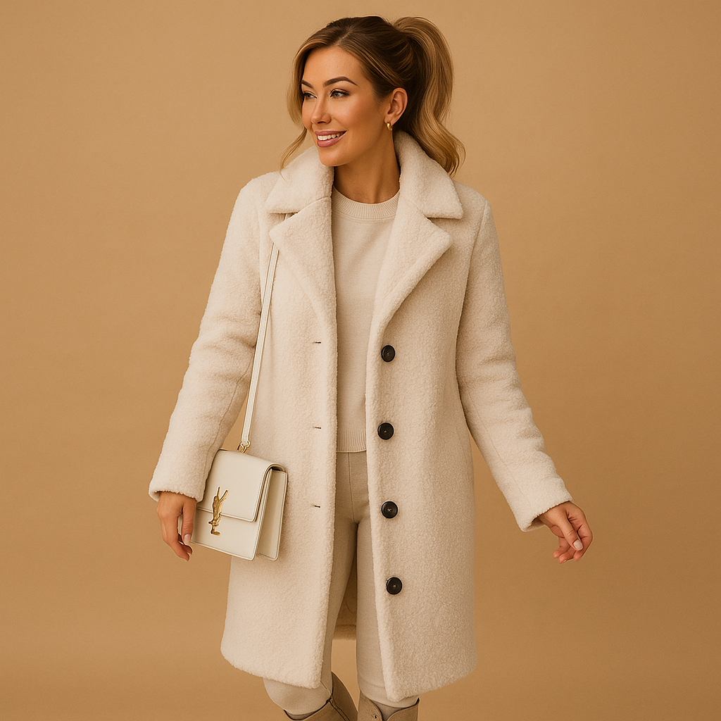 Long beige teddy coat for women with modern cut, ultra-soft fabric, and elegant style—ideal for winter warmth and versatile outfits.