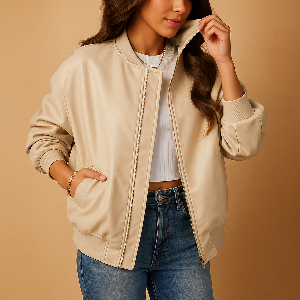 Women’s long varsity-inspired jacket with tailored fit and sporty baseball details, ideal for warm, stylish winter outfits.