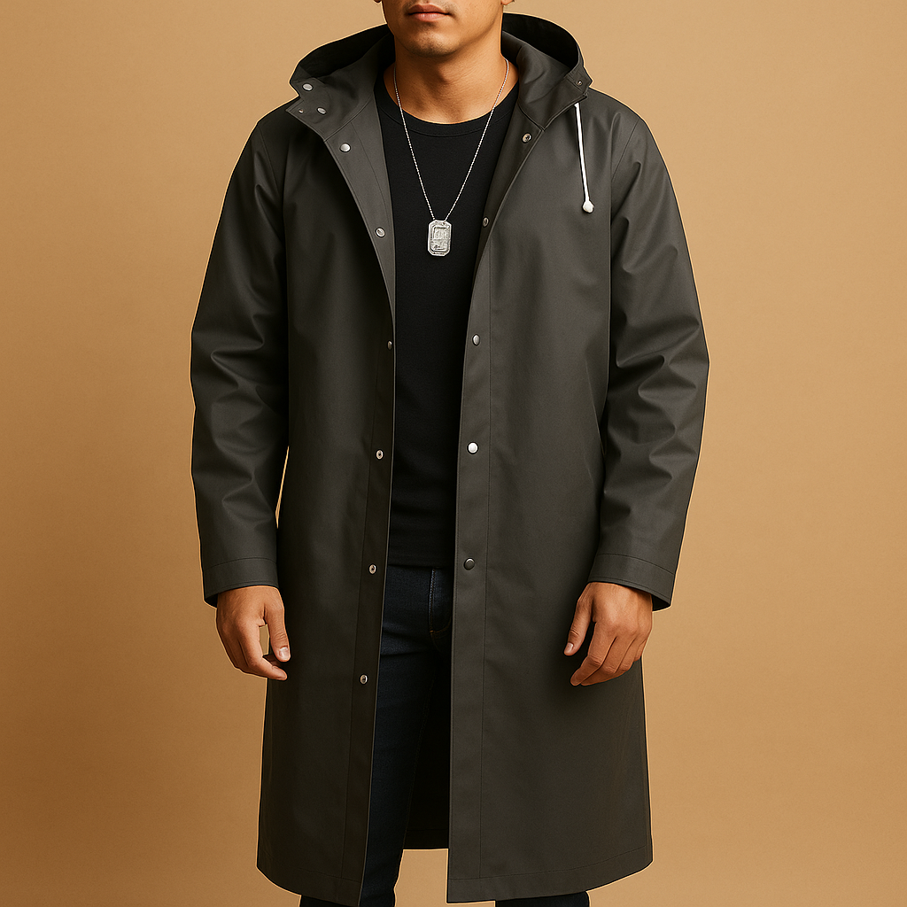 Men’s long waterproof rain jacket in black EVA material, perfect for hiking, camping, and outdoor activities in rainy weather.