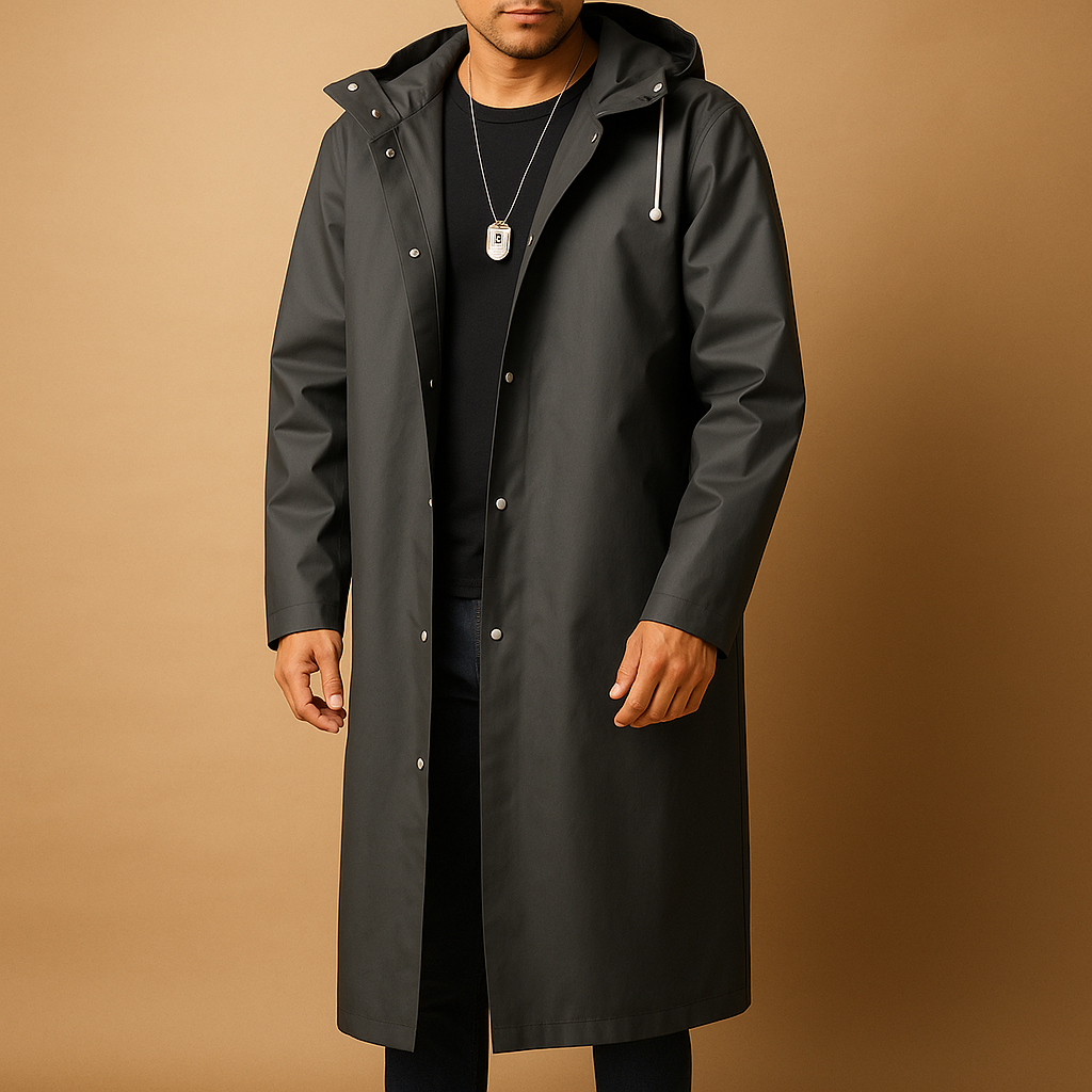 Men’s long waterproof rain jacket in black EVA material, perfect for hiking, camping, and outdoor activities in rainy weather.