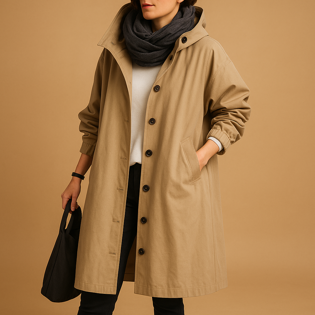 Women’s long waterproof raincoat with adjustable waist, breathable fabric, and detachable hood. Stylish and practical for rainy days.